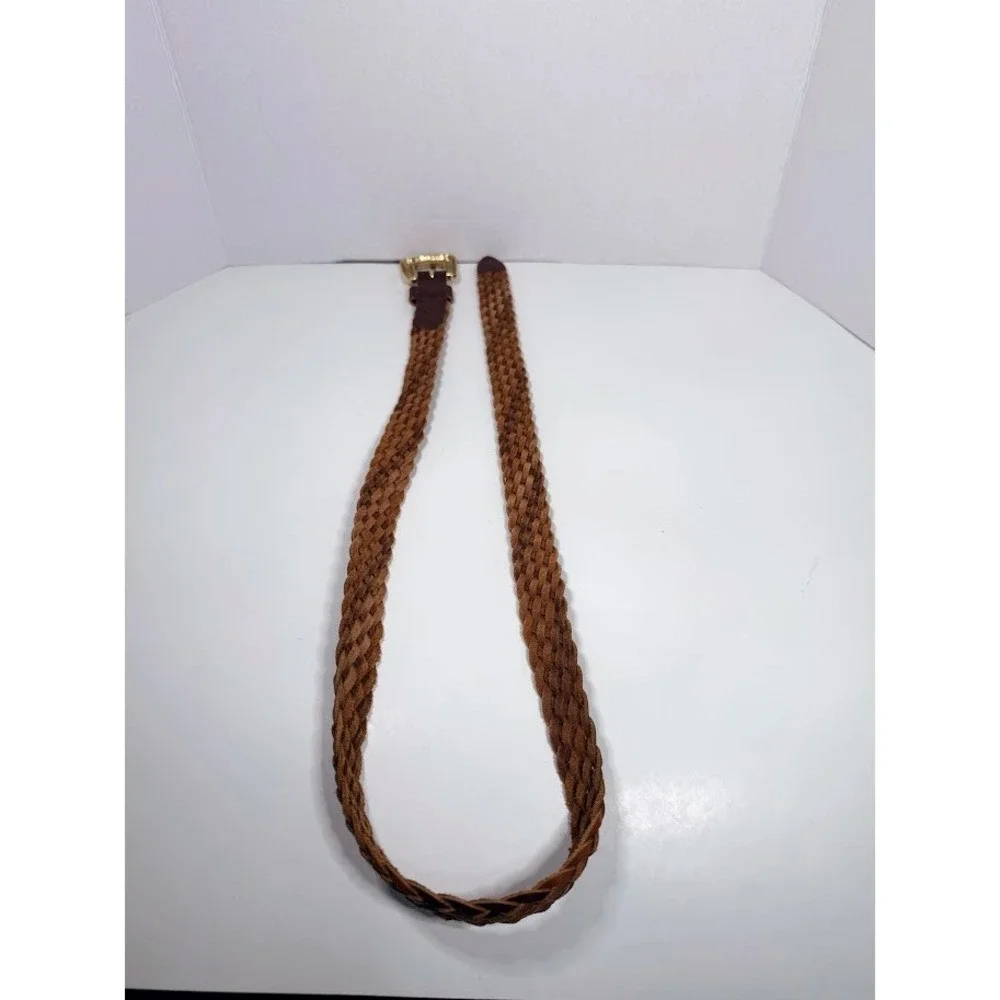 Chic Vintage Mens Braided Leather Belt Brown Gold Etched Buckle‎ Size Large Prep